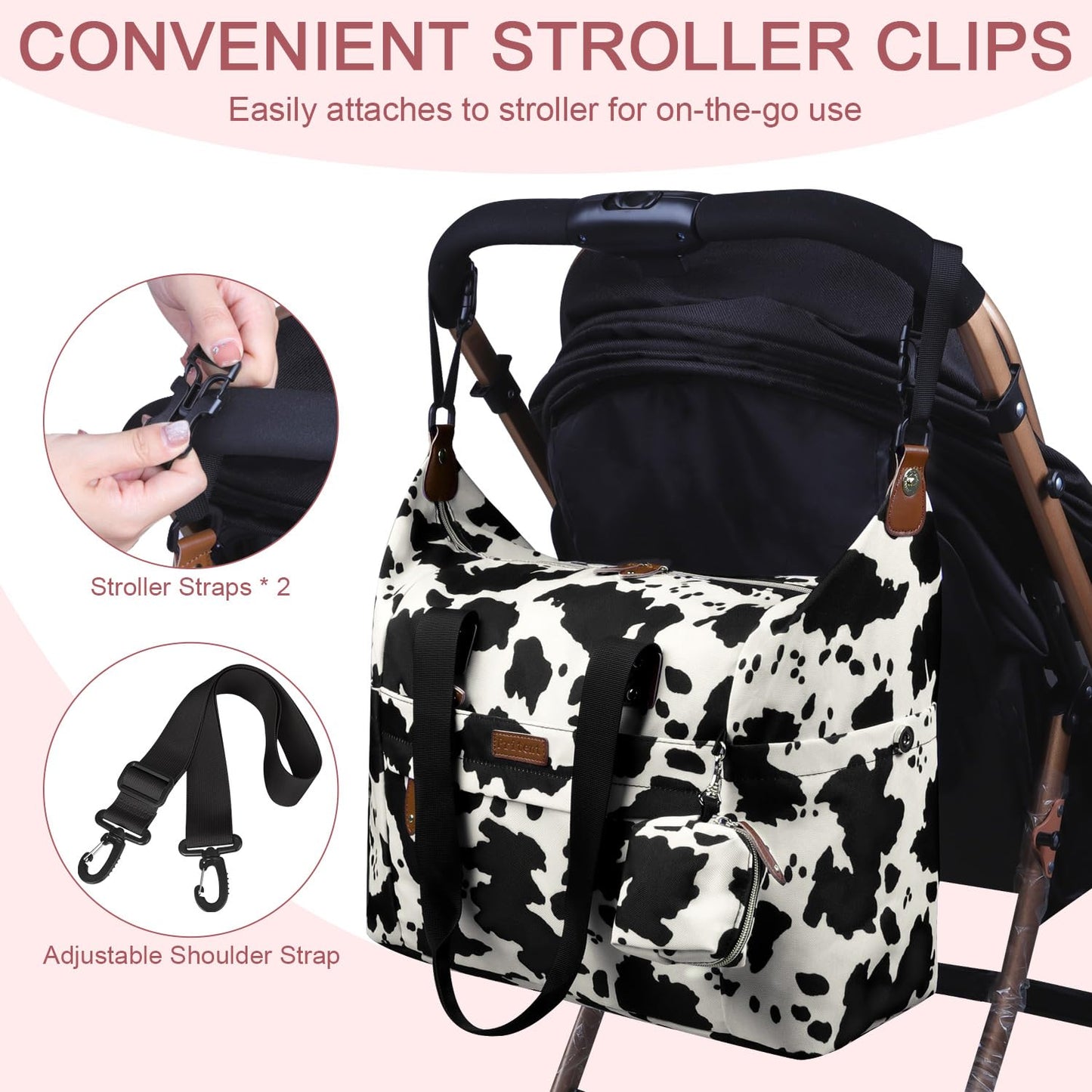 Diaper Tote - Baby Bag with Pacifier Case, Shoulder Straps, Stroller Clips, Waterproof Large Mommy Maternity Travel Bag for Mom and Dad, Cow Print