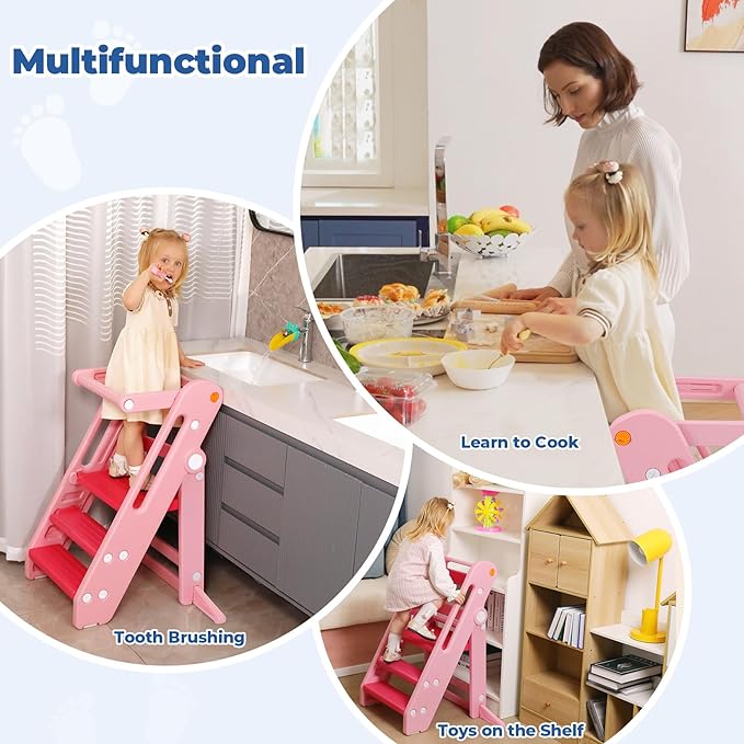 Onasti Toddler Tower Kitchen Stool Helper, Foldable & Adjustable Height Kids Learning Stool for Kitchen Counter Bathroom Sink, Child Ladder for Toddlers with Handles, Safty Rail, Non-Slip Pads - Pink