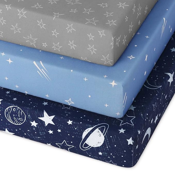 Pack and Play Sheets Fitted 3 Pack, Mini Crib Sheets for Pack N Play Mattress Stretchy Portable Playard Sheets, Soft Breathable Blue Gray Planet