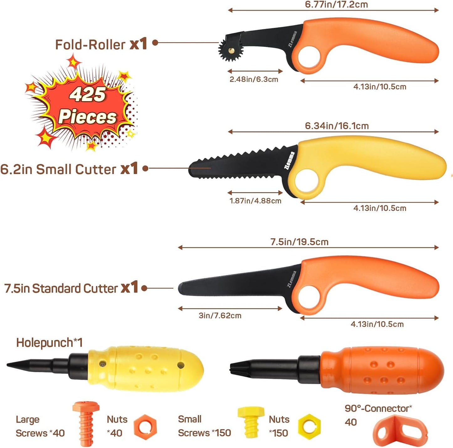 Cardboard Construction Kit - 425 PCS Kids Building Set with Safe Serrated Cutter, Crease Roller, Screws & Nuts, STEM Upcycled Tool for DIY Cardboard Projects, Engineering & Creativity