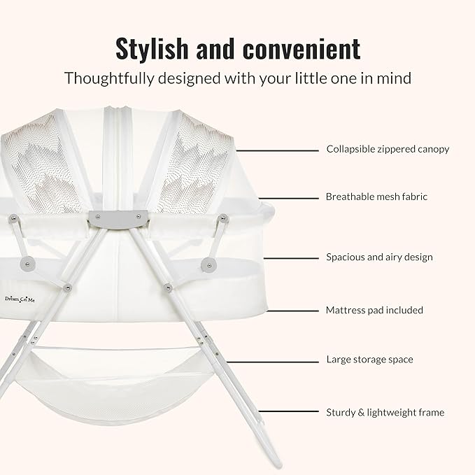 Dream On Me Karley Bassinet in Dove White, Lightweight Portable Baby Bassinet, Quick Fold and Easy to Carry, Adjustable Double Canopy, Indoor and Outdoor Bassinet with Large Storage Basket.