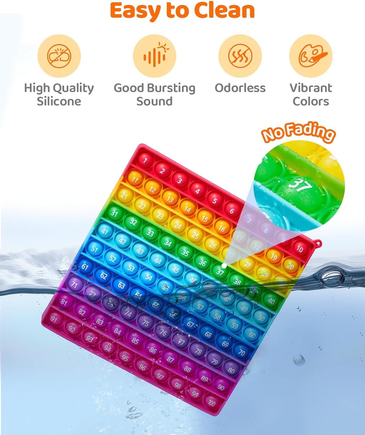 7.8in Pop Math Fidget Toys, Rainbow Square Counting Toy 100 Bubbles Stress Relieving Fidget Game for Teachers to Create Kinds of Math Manipulatives Games-with Numbers 1-100 Tables