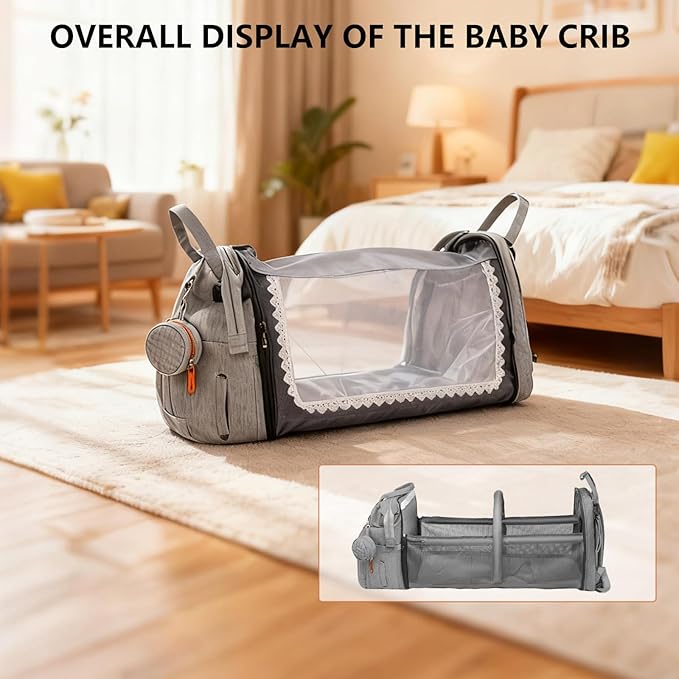 Baby Diaper Bag Backpack with Changing Station, Waterproof Large Capacity Baby Bag with USB Charging Port, Lightweight Travel Backpack Diaper Bag with Portable Crib - Grey