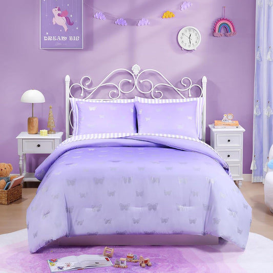 Full Size Comforter Sets with Sheets for Girls-7 Pieces Full Size Bedding Sets with Purple Comforter, Sheets, Pillowcases & Shams for Kids (Purple Butterfly, 76" X 86")