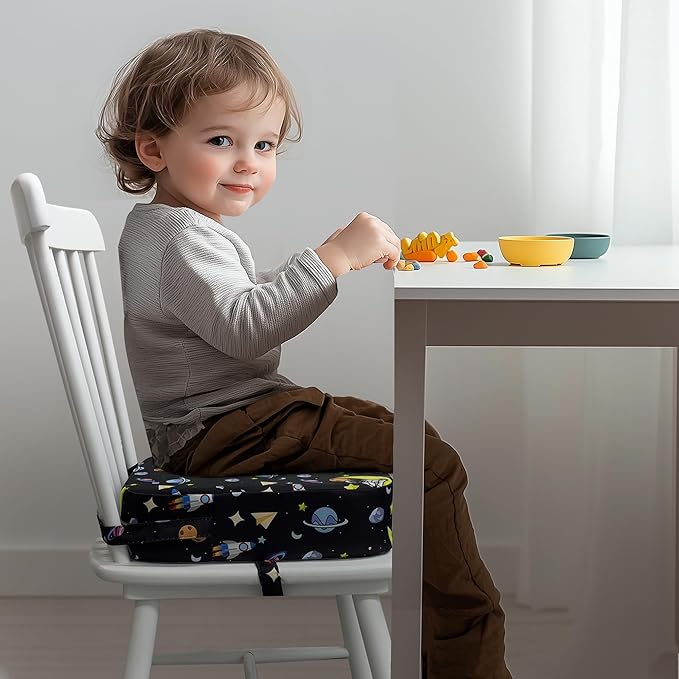 Toddler Booster Seat for Kitchen Chair, 3.5" Oxford Foam Cushion, Non-Slip Base, Adjustable Straps, Portable Dining Booster for Self-Feeding Toddlers at Home or on The Go (Black Starry Sky)