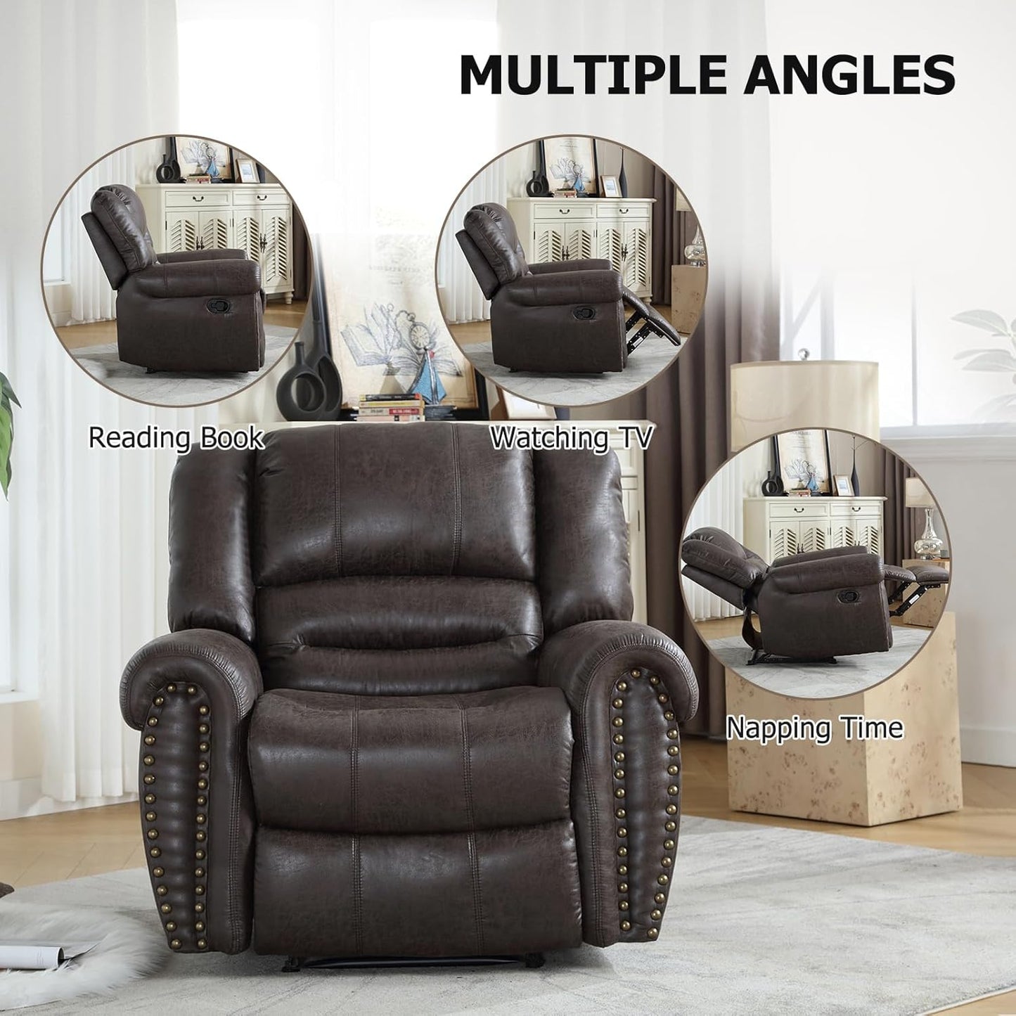 CANMOV Leather Recliner Chair Set of 2, Classic and Traditional Manual Recliner Chair with Comfortable Arms and Back,Manual Single Recliner Sofa for Living Room, Dark Grey