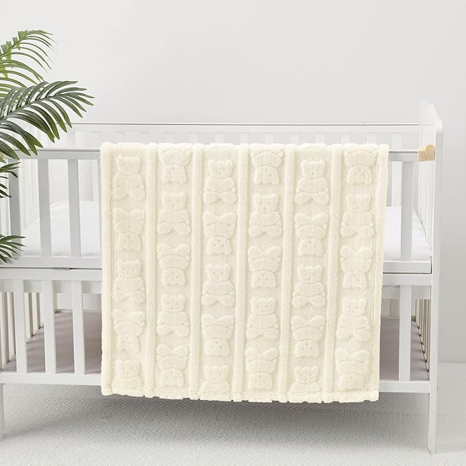 CREVENT 30"X40" Cozy Soft Warm Sherpa Baby Blanket for Girls Boys, Newborn Essentials for Infant, Baby Shower Receiving Gift - Ivory Bear 75X100cm + Gift Bag with Ribbon