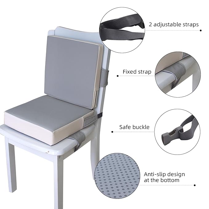 Booster Seat for Dining Table, PU Anti-Scratch Easy Cleaning Kids Toddler Booster Seat for Table, Portable Travel Increasing Cushion for Chair - Light Grey