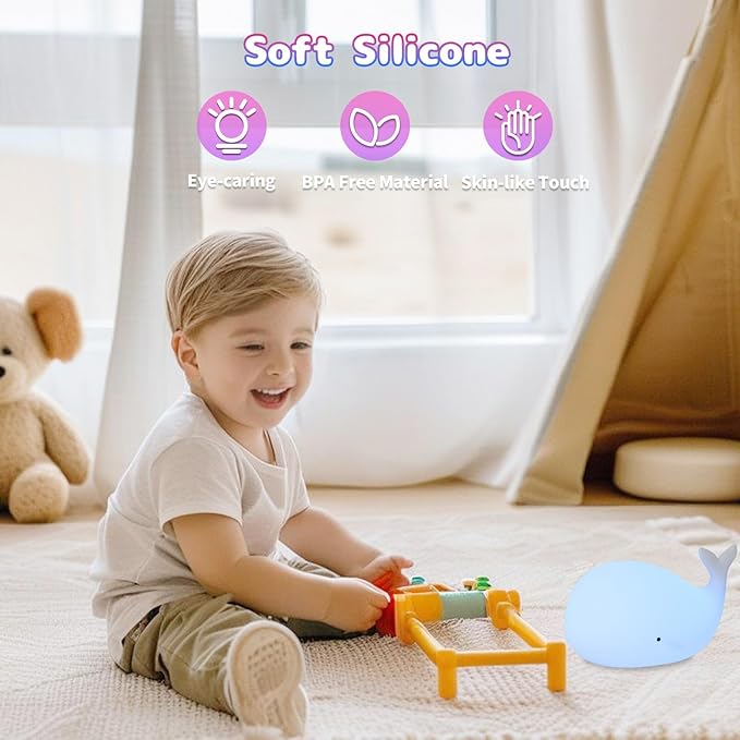 Silicone Night Light for Kids – Rechargeable Tap Control Lamp with 8 Colors, Cute Animal Design for Nursery, Toddler Room Decor, Gifts for Girls and Boys (Whale)
