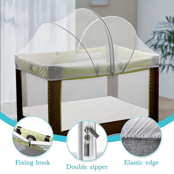 Pack N Play Tent Cover - Bassinet Cover for Pack N Play/Travel Crib/Mini Crib/Playpen, Bassinet Mosquito Net Cover with Two-Way Zippers (White-Large)