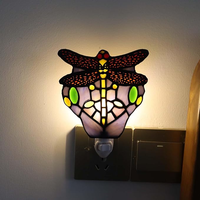 Bieye L10931 Tiffany Style Stained Glass Dragonfly Wall Lamp with Plug-in Night Light Socket for Home Decor (Blue)