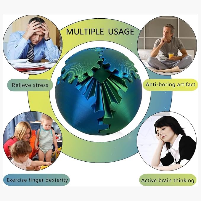 Gear Ball, 4.2in 3D Printed Gear Ball Spin Ball Cube Fidget Toys, Gear Sphere, Gear Ball Fidget Toy, Stress Ball, GearSphere Desk Toy, Fidget Balls, Gear Toy for Anxiety Relaxing (Laser Green Blue)