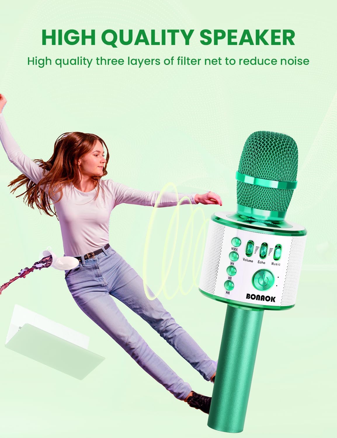 BONAOK Wireless Bluetooth Karaoke Microphone, 3-in-1 Portable Handheld Mic Speaker for All Smartphones, Gifts for Boys Kids Adults All Age Q37(Green)