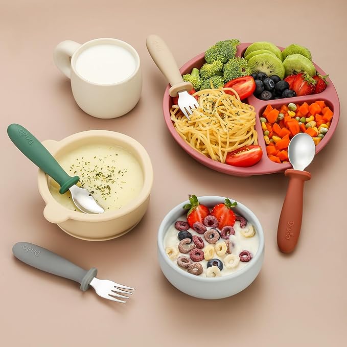 DRKIO 8 Pieces Toddler Utensils Set - Kids Silverware Set with Silicone Handle Children Safe 18/8 Stainless Steel Forks and Spoons Anti-Choke Design Food Grade Dishwasher Safe