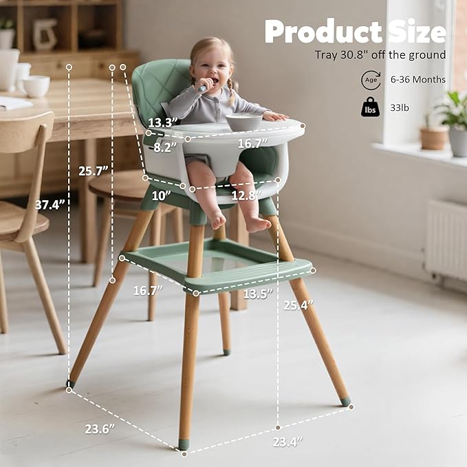 8 in 1 Wooden High Chairs for Babies Toddlers, Convertible to Booster Seat, Baby Feeding Highchair w/ 5-Point Safety Harness, Removable Tray & Cushion, Green