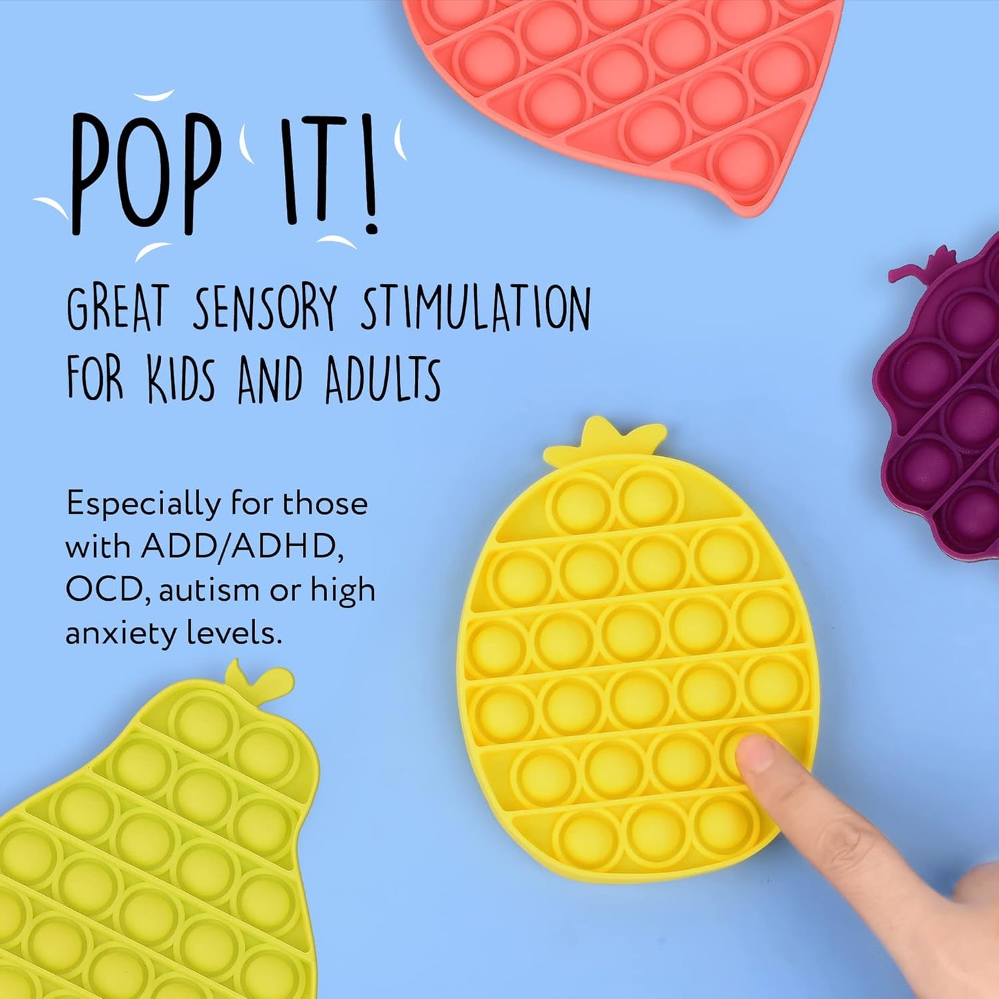 IMPRESA 4-Pack Fruit Scented Monkey Push Pop Sensory Toys for Kids & Adults to Help Reduce Anxiety - Scented Pop it Fidget Toy Promotes Improved Focus - Bubble Toys Make a Satisfying Pop Sound