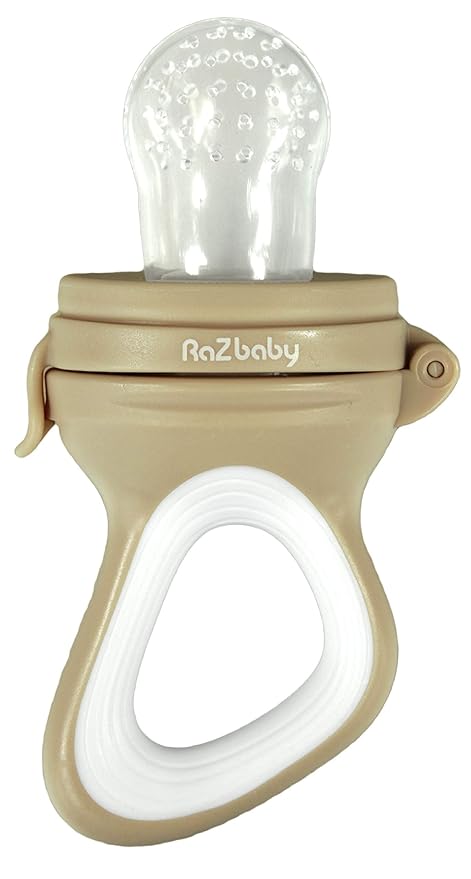 RaZbaby Baby Solids/Frozen Fruit Feeder Pacifier, Infant Teether Toy 6M+, BPA-Free Silicone Pouch & Nipple, Safely Introduce Solids, Natural Teething Relief, Dishwasher Safe, Freezable – Tan/White