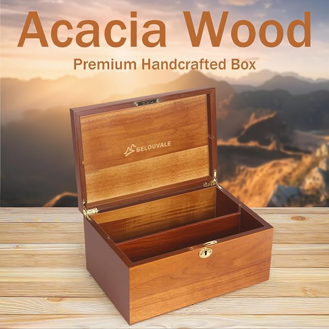 Premium Acacia Keepsake Box, Lockable Hand-Crafted Memory Box For Keepsakes with Removable Compartment,Wooden Decorative Box & Storage Box with Hinged Lid for Gift.