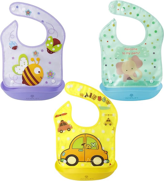 Amplim Baby Feeding Bib (3-Pack) Toddler/Baby Bibs for Eating. Waterproof, Adjustable, Lightweight. Eco-friendly PEVA material. BPA, Lead, Phthalate, Cadmium free