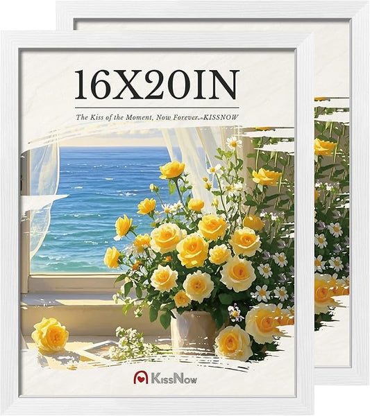 16x20 Picture Frame 2 Pack, Textured White Solid Wood, Wall Gallery Poster Frame
