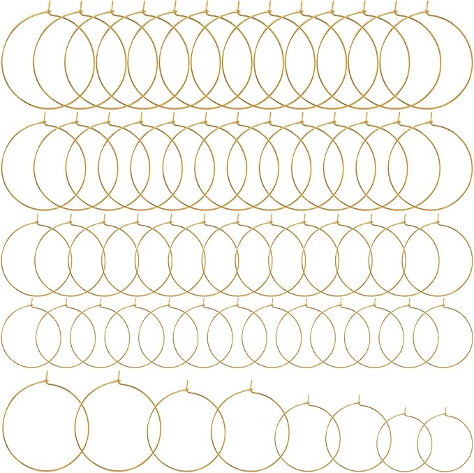 Pndeyo 60pcs Hypoallergenic Earring Beading Hoops, Mix Sizes Round Hoop Earrings Findings, Open Earring Wire Ring Accessories for Jewelry Making- Gold