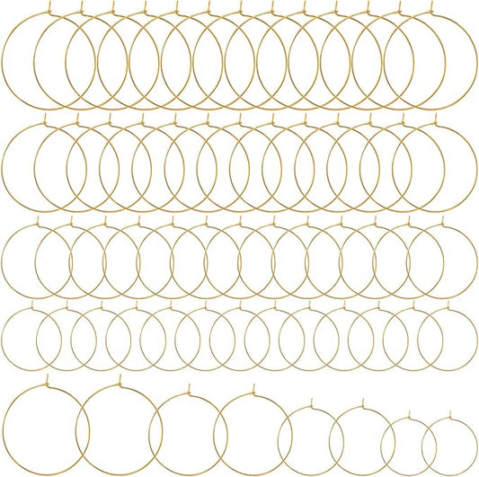 Pndeyo 60pcs Hypoallergenic Earring Beading Hoops, Mix Sizes Round Hoop Earrings Findings, Open Earring Wire Ring Accessories for Jewelry Making- Gold