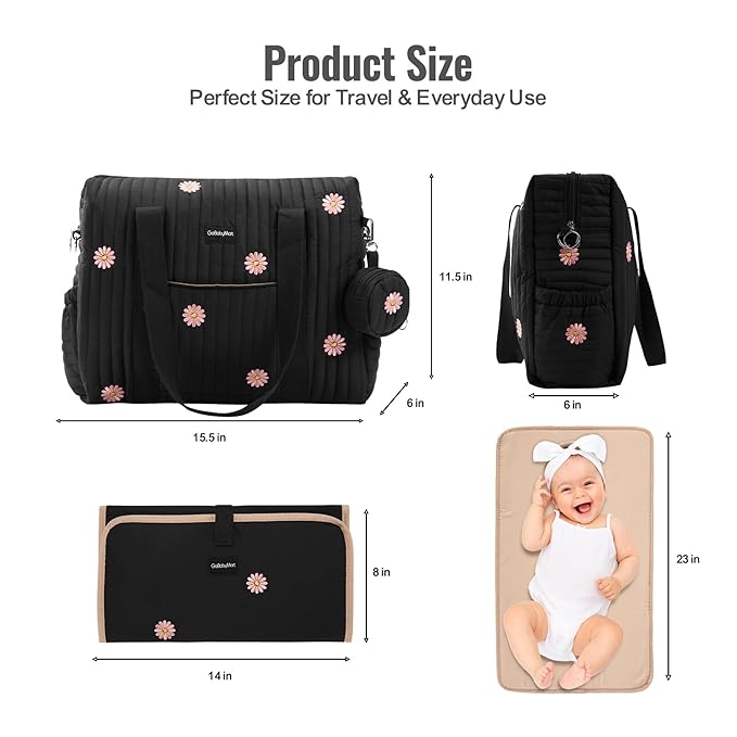 Large Diaper Bag Tote, Maternity Hospital Travel diaper tote, Multifunction baby bag, Baby Nappy Bags, Messenger bag (Medium - Black Flowers)