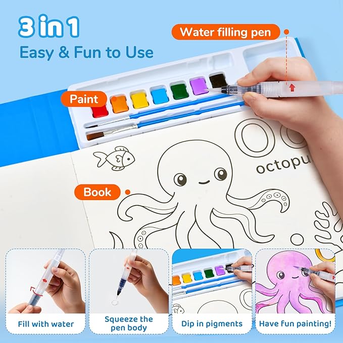 JoyCat Paint with Water Coloring Books for Toddlers, Watercolor Painting Sets for Kids Ages 3-5 4-8, Arts and Crafts Drawing Activities Toy Birthday Gift for Boys Girls (Animal & Alphabet)