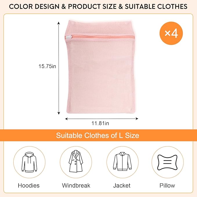 4-Piece Pink Medium Durable Organic Cotton Mesh Laundry Bags with Sturdy Zippers and Breathable Mesh are Delicate Laundry Bags for Underwear, Clothes, Pants and Socks