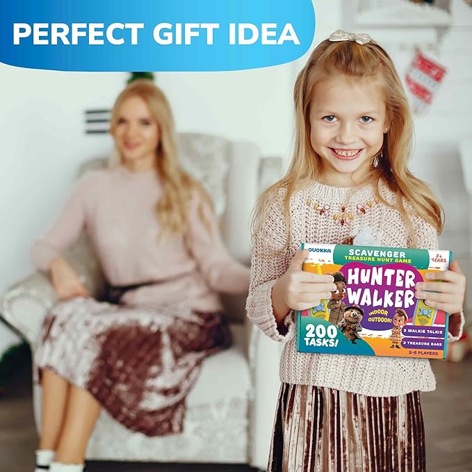 QUOKKA Scavenger Hunt for Kids Ages 4-8 - Treasure Hunting Outdoor Games for Kids 8-12 - 2 Walkie Talkies 2 Bags - 200 Outdoor & Indoor Cards - 3 Bracelets