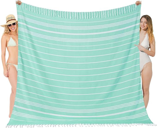 Oversized Turkish Beach Towel Blanket XXL Cotton Sandproof Towels Boho Woven Extra Large Big Sand Free Giant Throw Thick Blankets Huge Quilt XL Picnic Camping Necessities Cloud For Adult Gifts Aqua