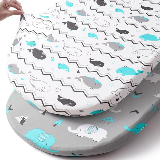 Stretch Fitted Bassinet Sheet Set BROLEX 2 Pack Cradle Sheets for Bassinet Pad/Mattress,Unisex Boys Girls,Ultra Soft,Elephant Whale