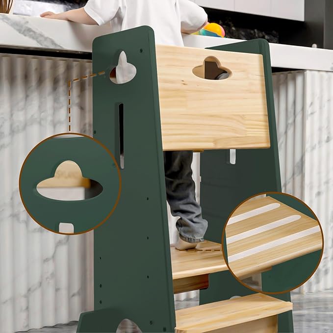 COSYLAND Toddler Standing Tower Adjustable Height - Super Stable Toddler Kitchen Stool Helper - 3 Levels Adjustable Wooden Kids Kitchen Stool (Natural & Green)