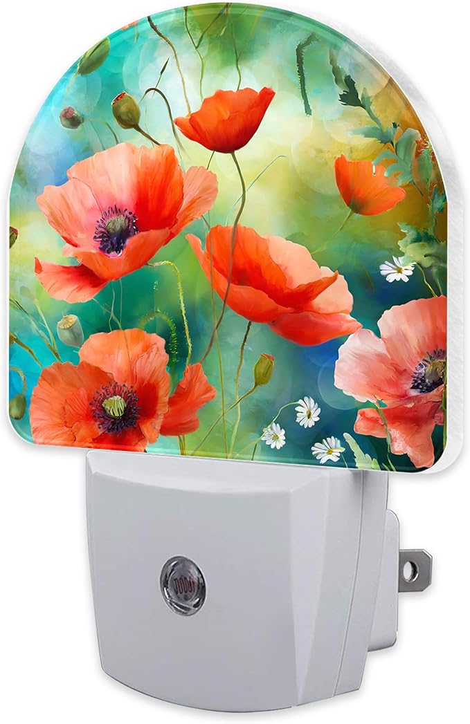Watercolor Red Poppies Flower Night Light, Abstract Colorful Floral Dusk to Dawn Night Light Plug in,0.5w Energy Saving Sleep Friendly NightLight for Kids Boys Girls Home Decor