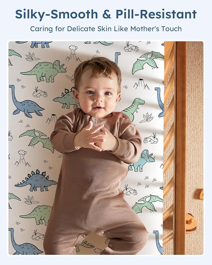 Baby Crib Sheets for Boys Girls, 28x52x8in Fitted Crib Sheet Neutral 3 Pack for Standard Crib and Toddler Mattress, Breathable Soft Microfiber Baby Sheet Green & Blue Dinosaur