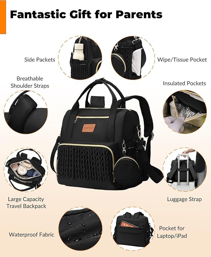 Backpack Diaper Bag,Stylish Waterproof Baby Diaper Bags with Changing Pad,Insulated Pockets,Multi-Function Travel Diaper Backpacks,Gift for New Parents,Black