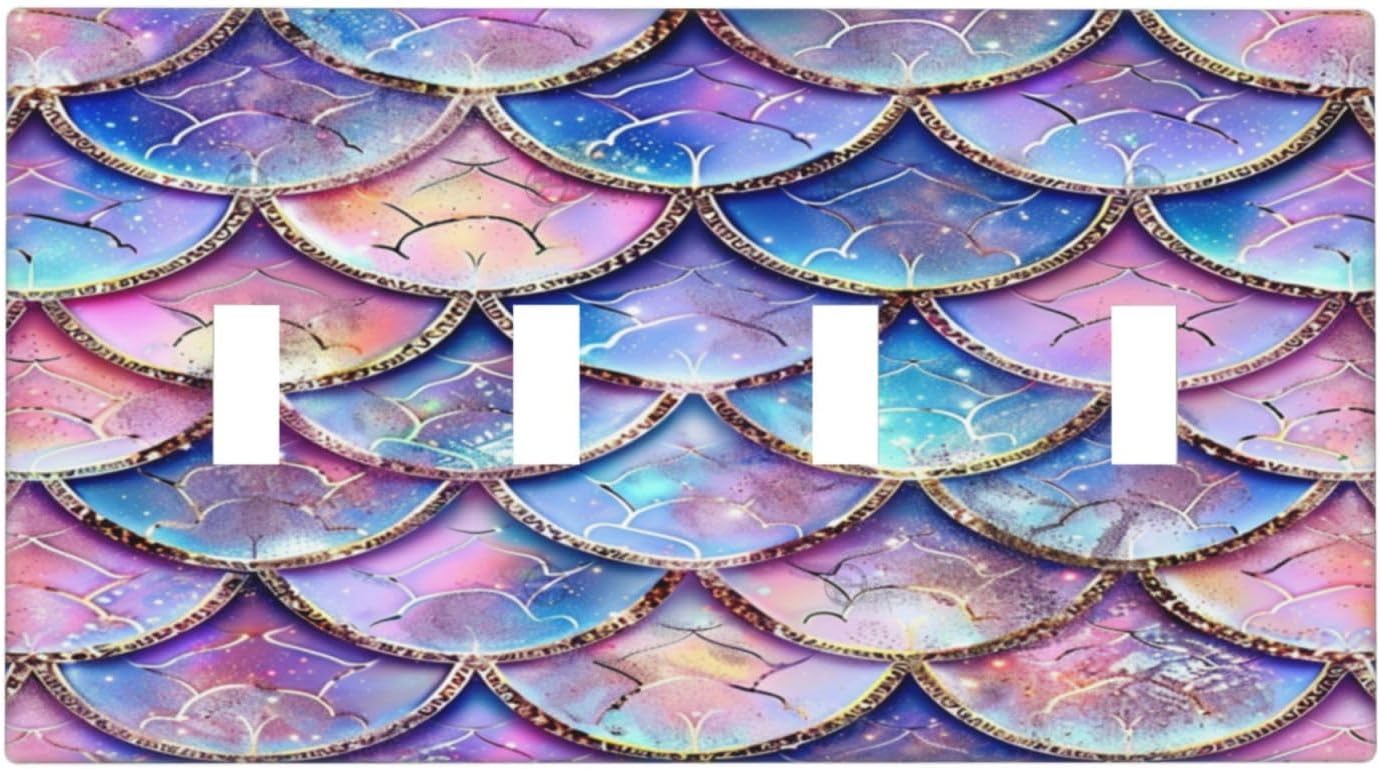 Decorative Switch Covers Plate Cute Pink Purple Mermaid Scales 4 Gang Artistic Wall Plate Unique Quad Toggle Light Switch Plate Jumbo Faceplate for Girlroom Bedroom Home Decor