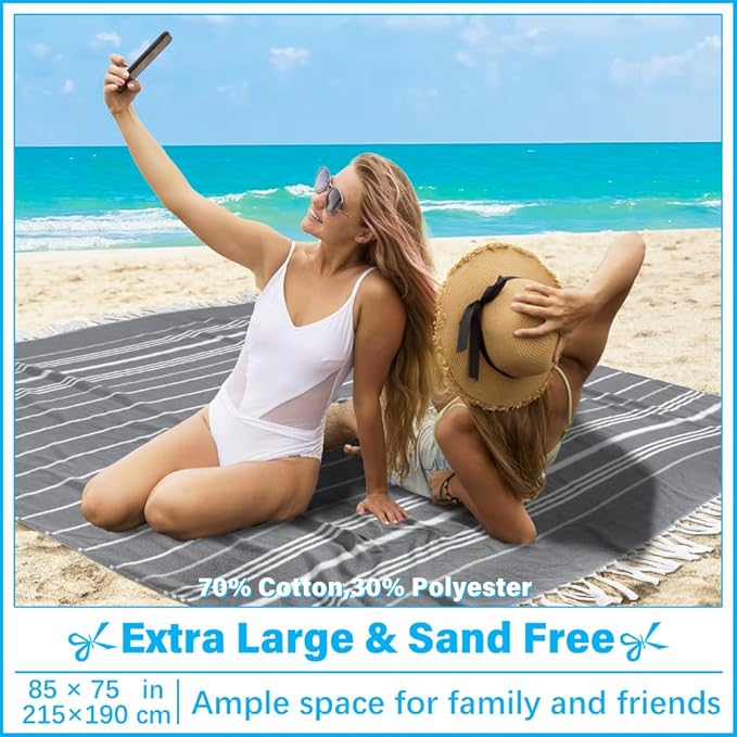 Oversized Turkish Beach Towel Blanket XXL Cotton Sandproof Towels Boho Woven Extra Large Big Sand Free Giant Throw Thick Blankets Huge Quilt XL Picnic Camping Necessities Cloud For Adult Gifts Black