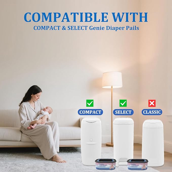 Jumbo Square Bags Refill Compatible with Diaper Genie Compact, Select Pails (Not Fit Classic), Max Odor Control, Disposal Bag Refills with Continuous Film, Holds Up to 810 Newborn Diapers, 4 Pack