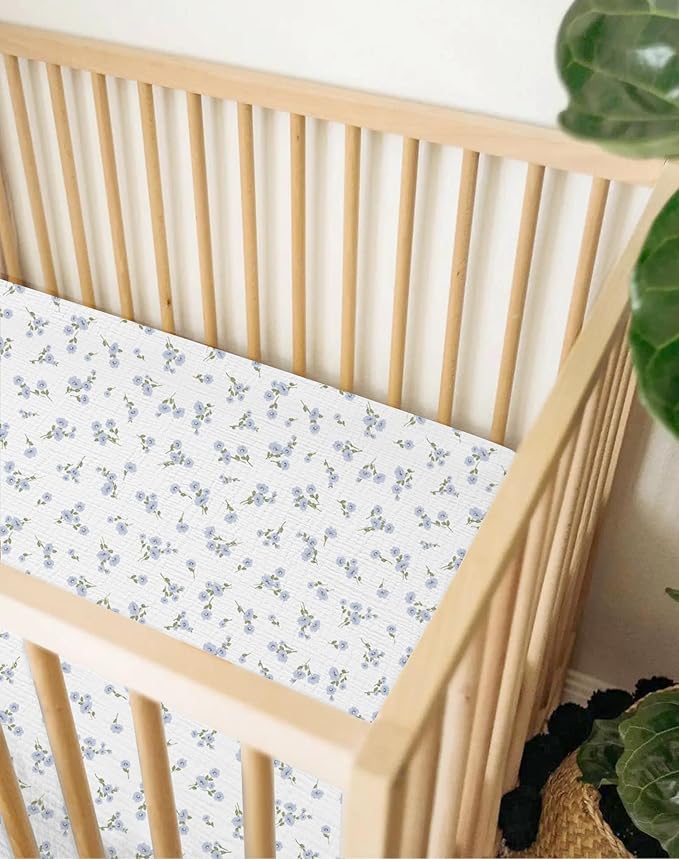 Crib Sheets for Baby Boy Girl 2 Pack, Fitted Crib Mattress Sheet 28" x 52", Muslin Toddler Bedding with Neutral Style, Nursery Bedding Essentials (Bluebell Bloom & Light Blue)
