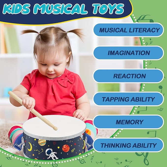 Boao 2 Pcs Kids Drum Set, 8 Inch Toddler Drum Wooden Toy with Adjustable Strap and 4 Drumsticks, Educational Sensory Musical Instrument for Toddlers Kid Baby Boys Girls Gift (Dinosaur,Space)