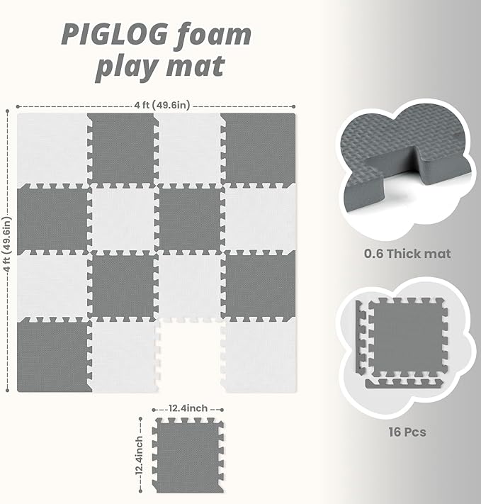 16 Tiles Baby Play Mat for Floor, EVA Foam Baby Floor Play Mat with 0.6 Inch Thick Interlocking Foam Tiles, Foam Floor Tiles for Baby, Toddlers and Kids (Grey-White, 16PCS)