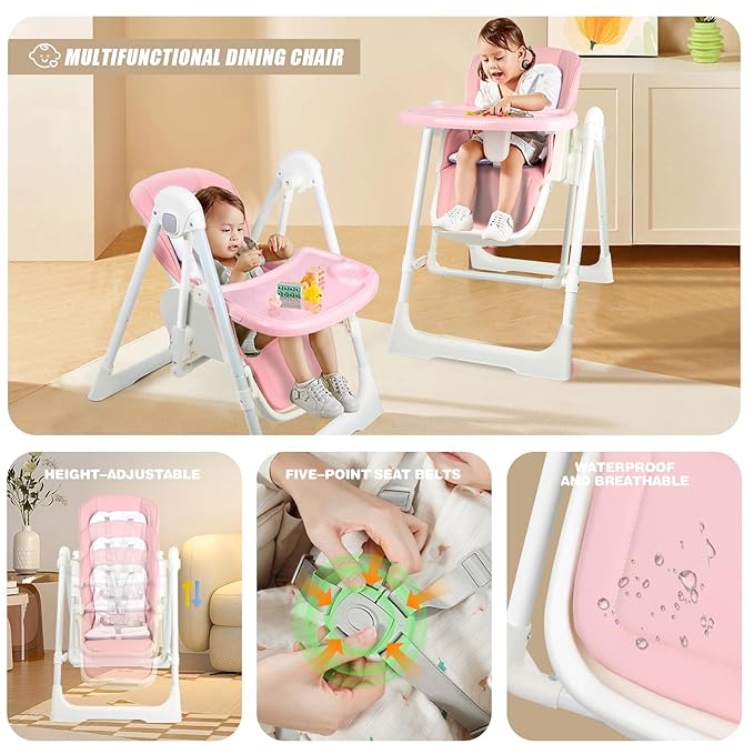 High Chairs for Babies and Toddlers Foldable High Chair Adjustable with Reclining Seat & Leg Rest, 3-in-1 Convertible Baby Swings with Tool-Free Assembly (Pink)