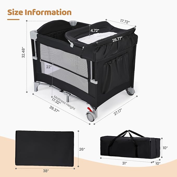 JOYMOR Pack and Play with Changing Table, 5-in-1 Portable Baby Bedside Bassinet with Storage, Travel Crib with Carry Bag, Compact Fold (Black)