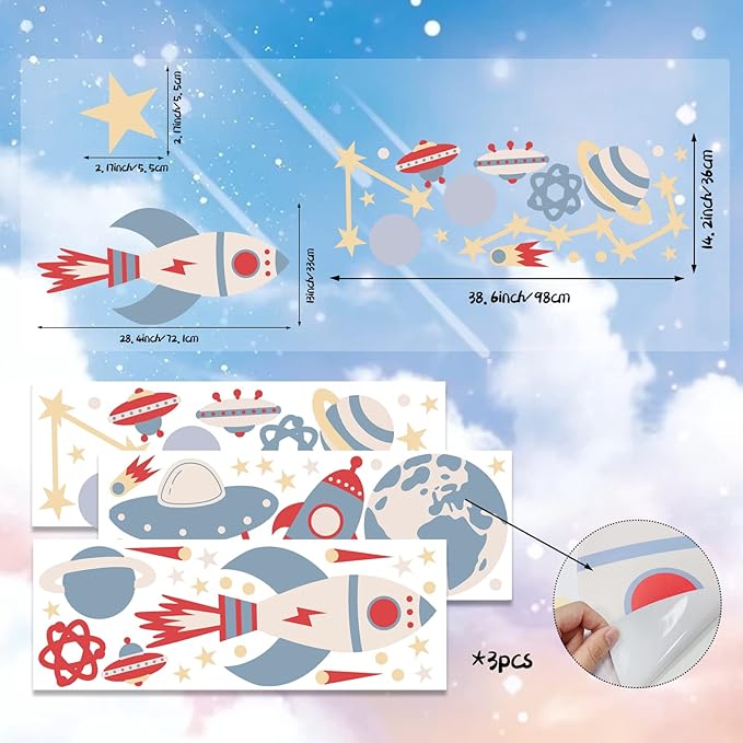 Space Peel and Stick Decals Rocket Planets Stars Wall Sticker Removable Vinyl Decals for Nursery Kids Room Girls Boys Bedroom Playroom Wall Decor