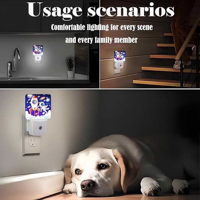 Rocket and Astronaut Night Light,Plug-in Night Lights with Dusk to Dawn Sensor for Stairway,Hallway,Bedroom Sleep Friendly Ideal for Women/Girls/Boys Gift,0.5w