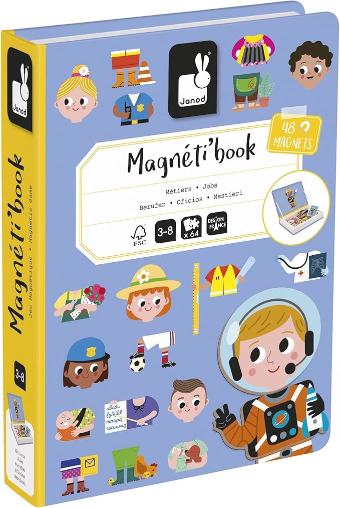 Janod - Magnéti'Book Métiers – Magnetic Educational Game 48 Magnets + 16 Model Cards - for Kids 3+ - Building Creative Structures - Stimulates Creativity - Fun and Educational - J02597