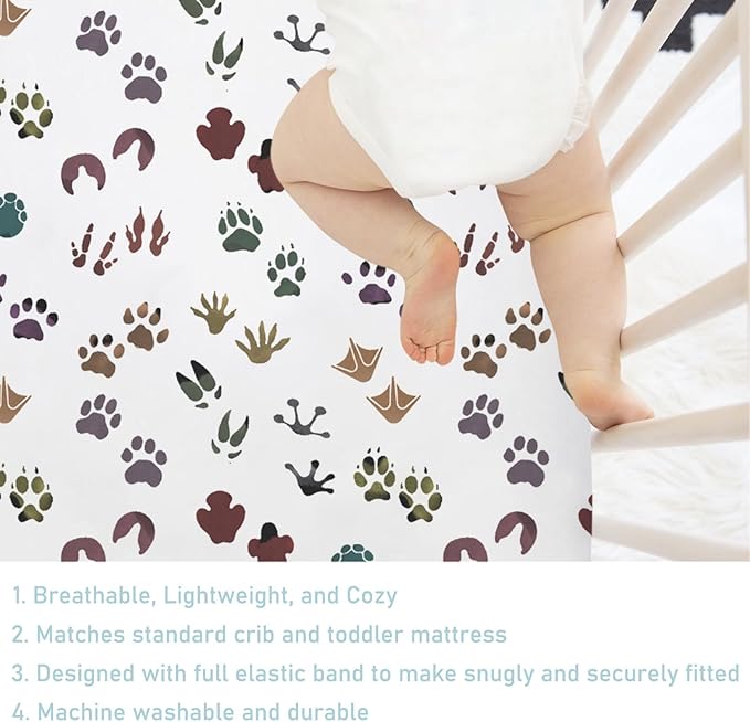 Cute Animals Tracks Baby Crib Sheets 52''x28'' Animals Footprint Snug Fitted Crib Mattress Cover for Boy Girl Wild Animals Soft Baby Bed Sheets for Standard Crib and Toddler Mattresses