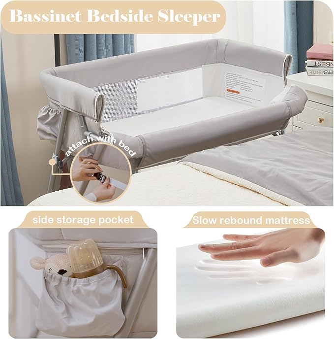 Baby Bassinet Bedside Sleeper Crib with Mattress 5-Level Adjustable Height, Breathable Mesh & Mosquito Net, Portable Folding Travel Cradle with Auto-Lock Wheels Light Grey