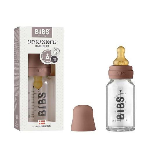 BIBS Baby Glass Bottle. Anti-Colic. Round Natural Rubber Latex Nipple. Supports Natural Breastfeeding, Complete Set - 110 ml, Woodchuck